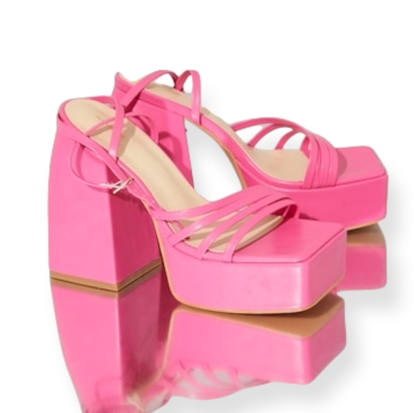 Pink Pu Square Toe Platform Strappy Heeled Sandals - Picture 2 of 3